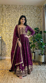 Wine Zari Embroidered Gown
