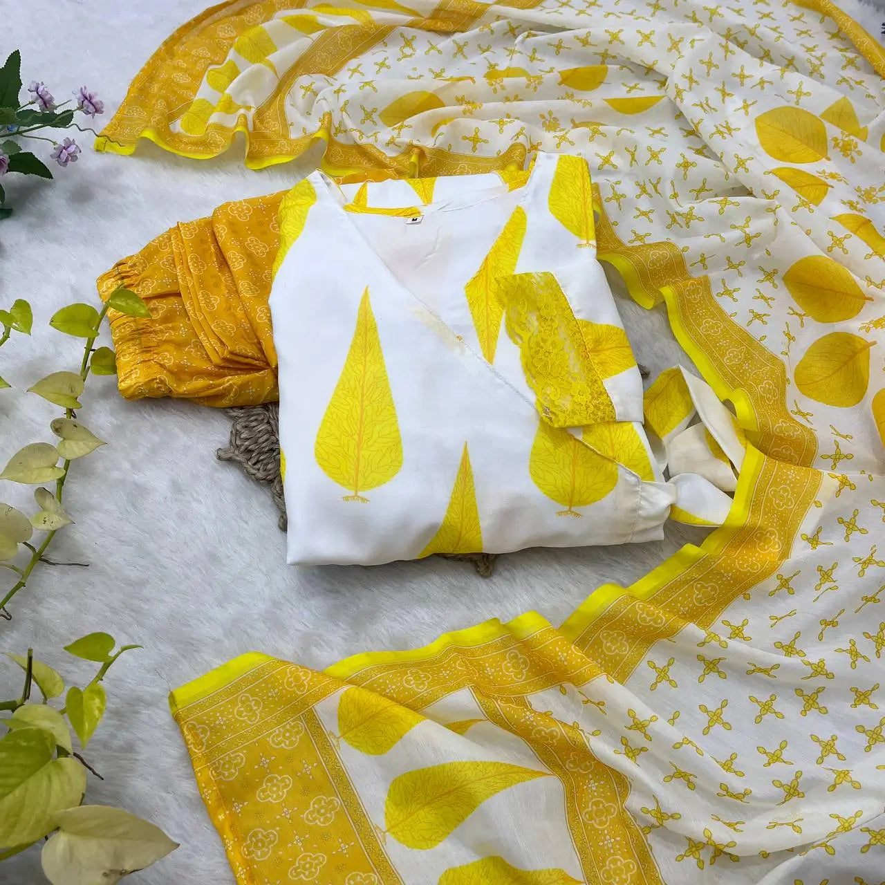 Yellow Cambric Cotton Printed Anarkali Set with Dupatta