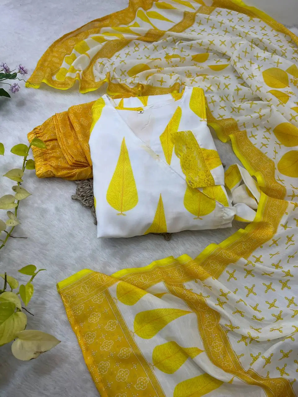 Yellow Cambric Cotton Printed Anarkali Set with Dupatta
