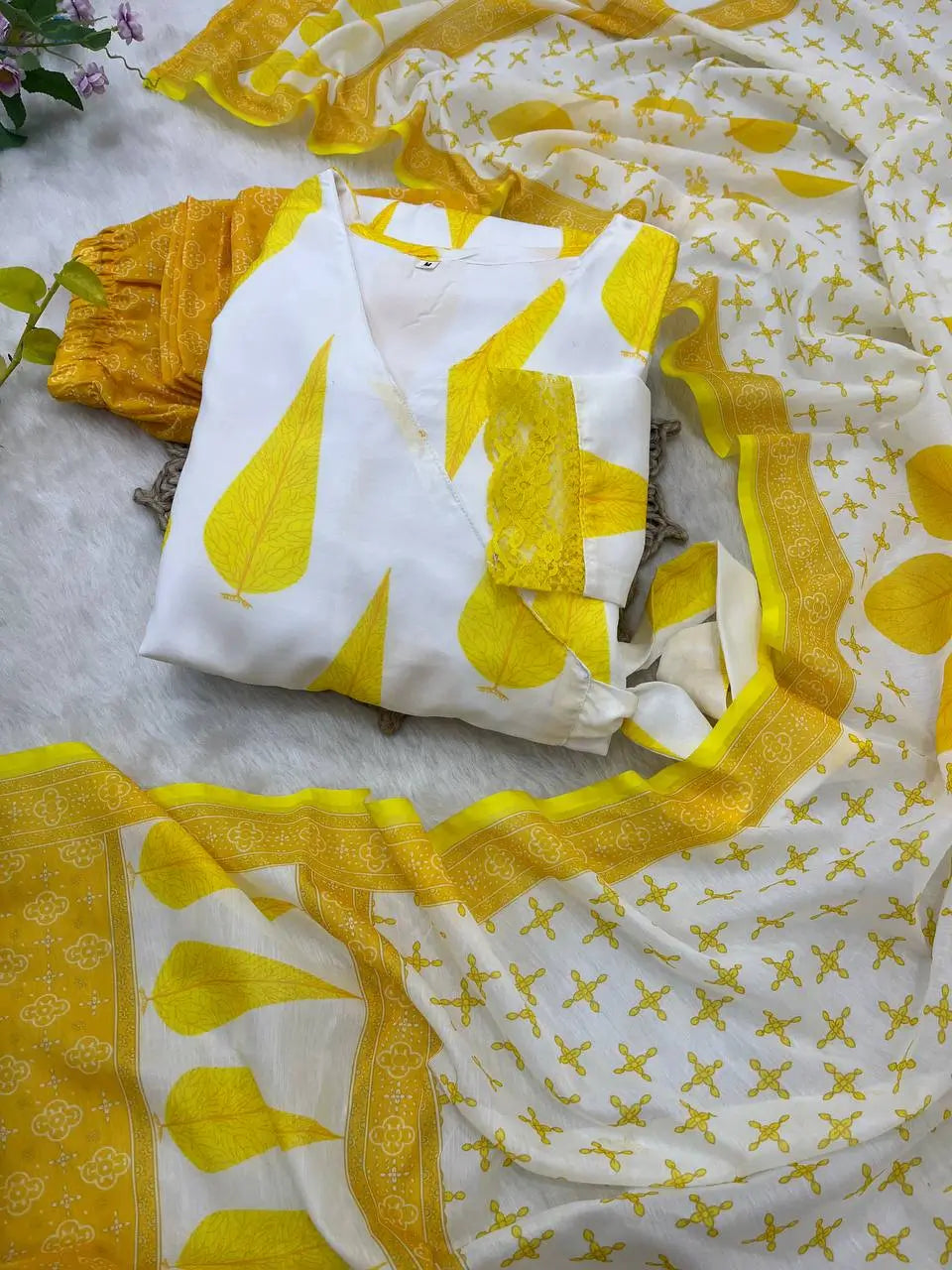 Yellow Cambric Cotton Printed Anarkali Set with Dupatta