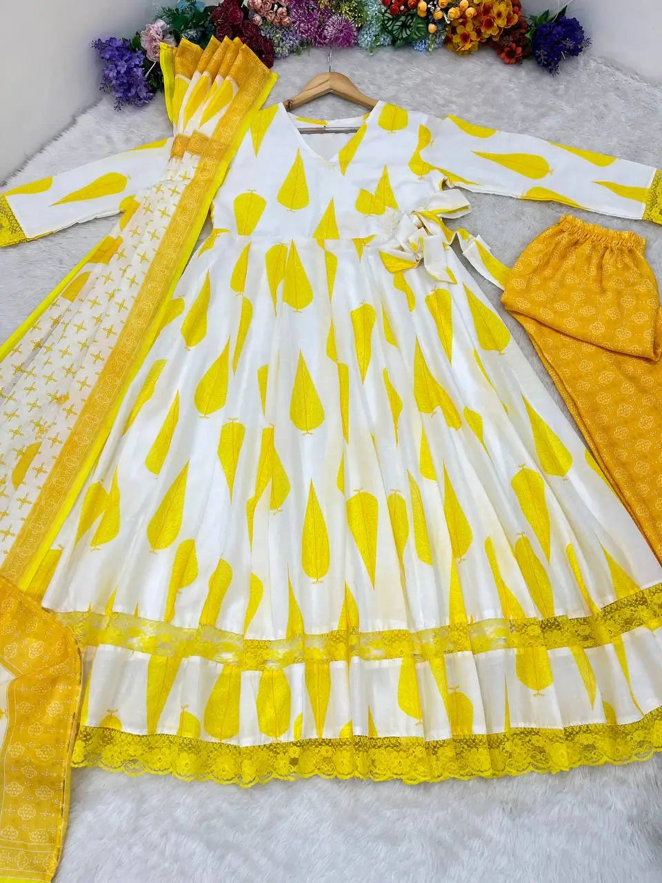 Yellow Cambric Cotton Printed Anarkali Set with Dupatta