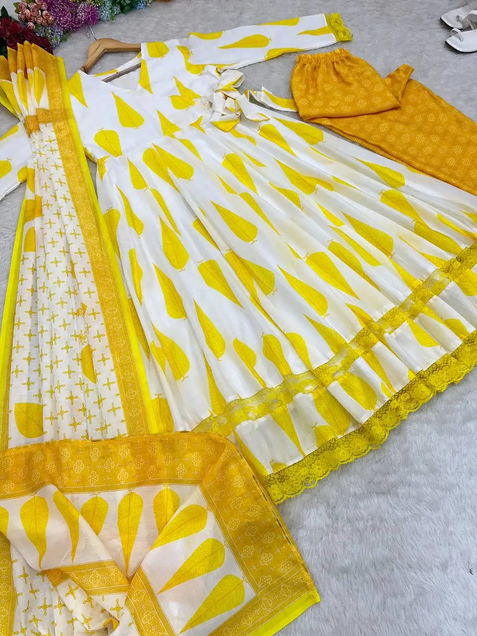 Yellow Cambric Cotton Printed Anarkali Set with Dupatta