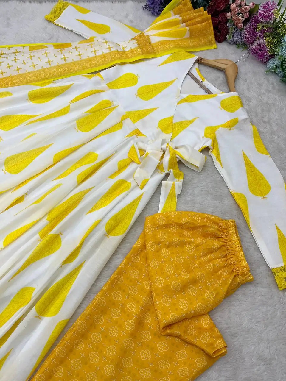 Yellow Cambric Cotton Printed Anarkali Set with Dupatta