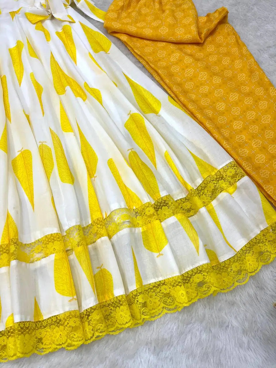 Yellow Cambric Cotton Printed Anarkali Set with Dupatta