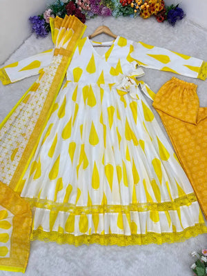 Yellow Cambric Cotton Printed Anarkali Set with Dupatta