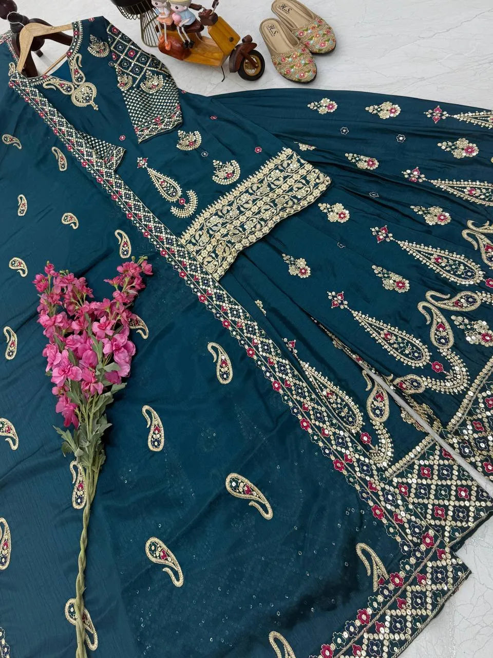 Yellow Chinon Silk Embroidered Sharara Suit with Dupatta – Heavy Sequence Work | Wedding & Festive Wear
