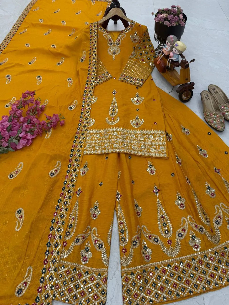 Yellow Chinon Silk Embroidered Sharara Suit with Dupatta – Heavy Sequence Work | Wedding & Festive Wear