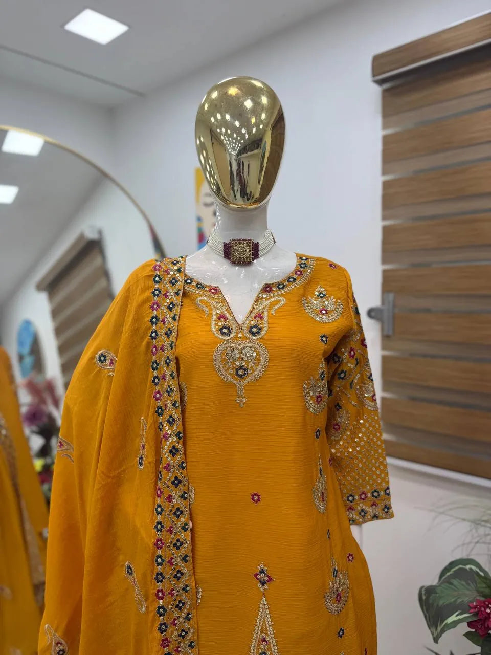 Yellow Chinon Silk Embroidered Sharara Suit with Dupatta – Heavy Sequence Work | Wedding & Festive Wear