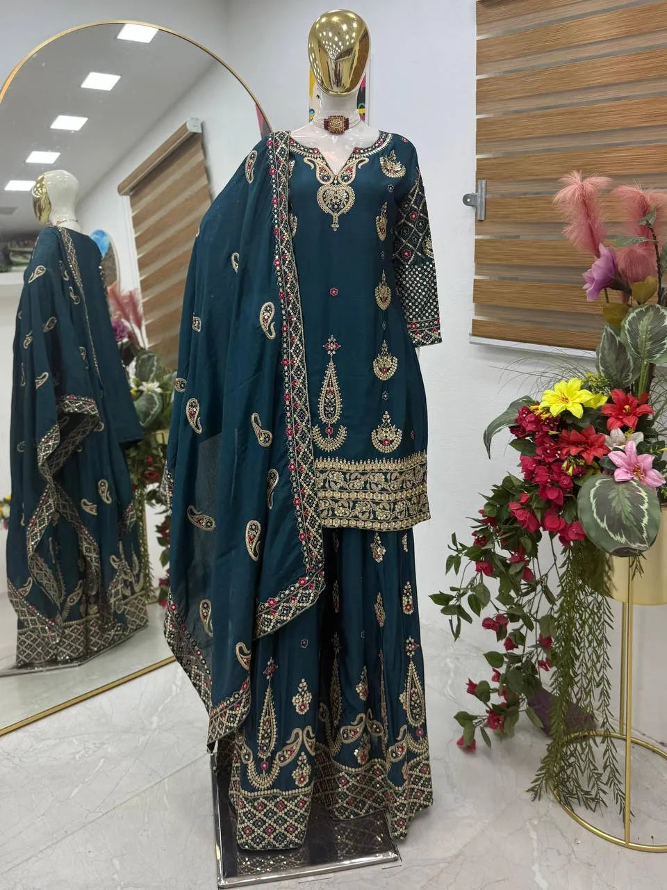 Yellow Chinon Silk Embroidered Sharara Suit with Dupatta – Heavy Sequence Work | Wedding & Festive Wear