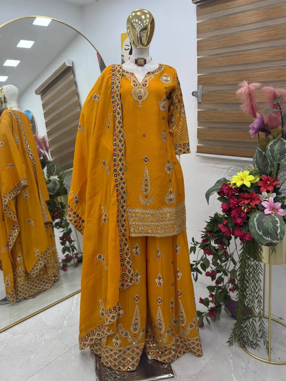 Yellow Chinon Silk Embroidered Sharara Suit with Dupatta – Heavy Sequence Work | Wedding & Festive Wear