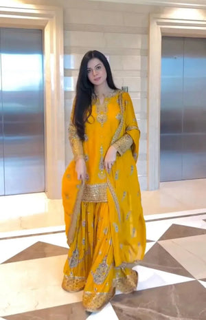 Yellow Chinon Silk Embroidered Sharara Suit with Dupatta – Heavy Sequence Work | Wedding & Festive Wear