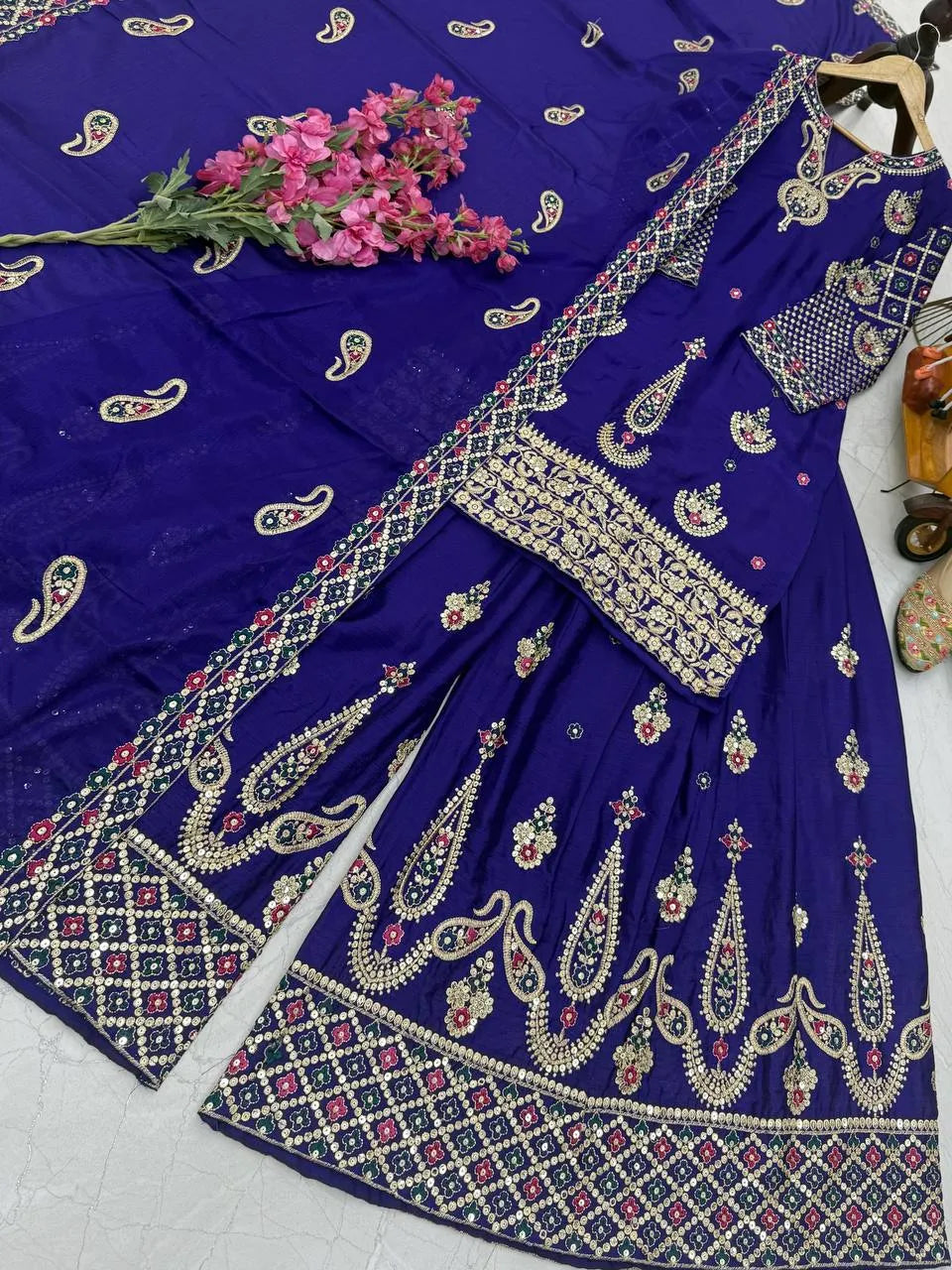 Yellow Chinon Silk Embroidered Sharara Suit with Dupatta – Heavy Sequence Work | Wedding & Festive Wear