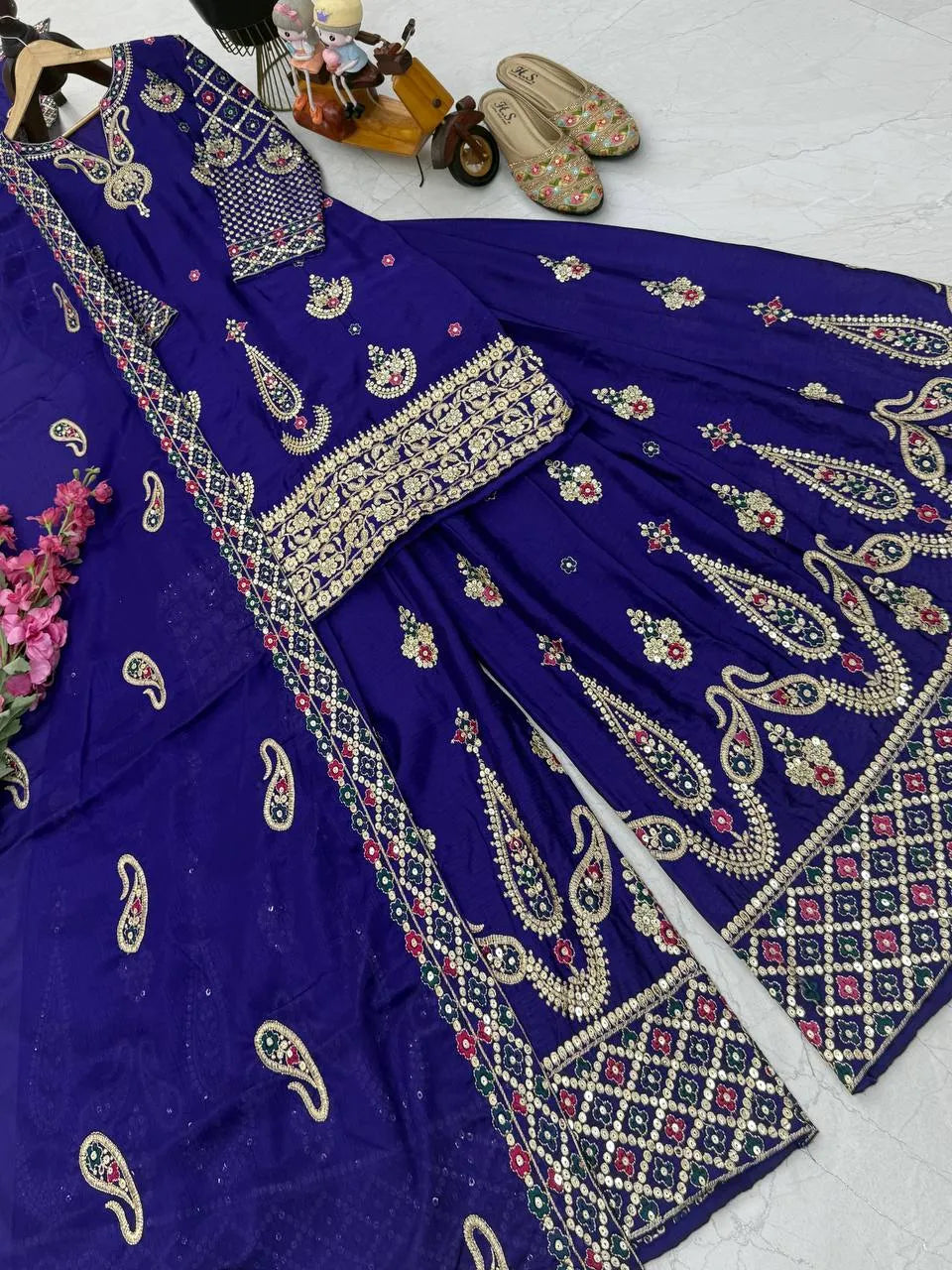Yellow Chinon Silk Embroidered Sharara Suit with Dupatta – Heavy Sequence Work | Wedding & Festive Wear