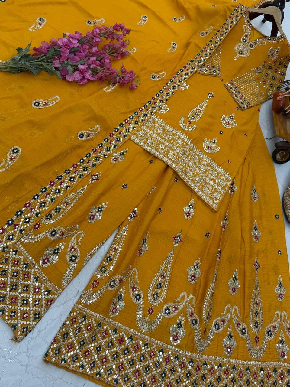 Yellow Chinon Silk Embroidered Sharara Suit with Dupatta – Heavy Sequence Work | Wedding & Festive Wear