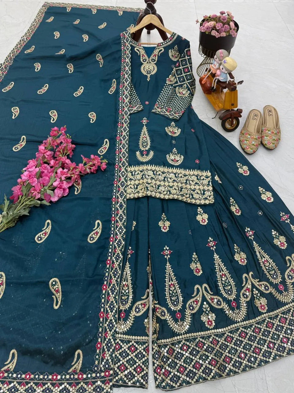 Yellow Chinon Silk Embroidered Sharara Suit with Dupatta – Heavy Sequence Work | Wedding & Festive Wear