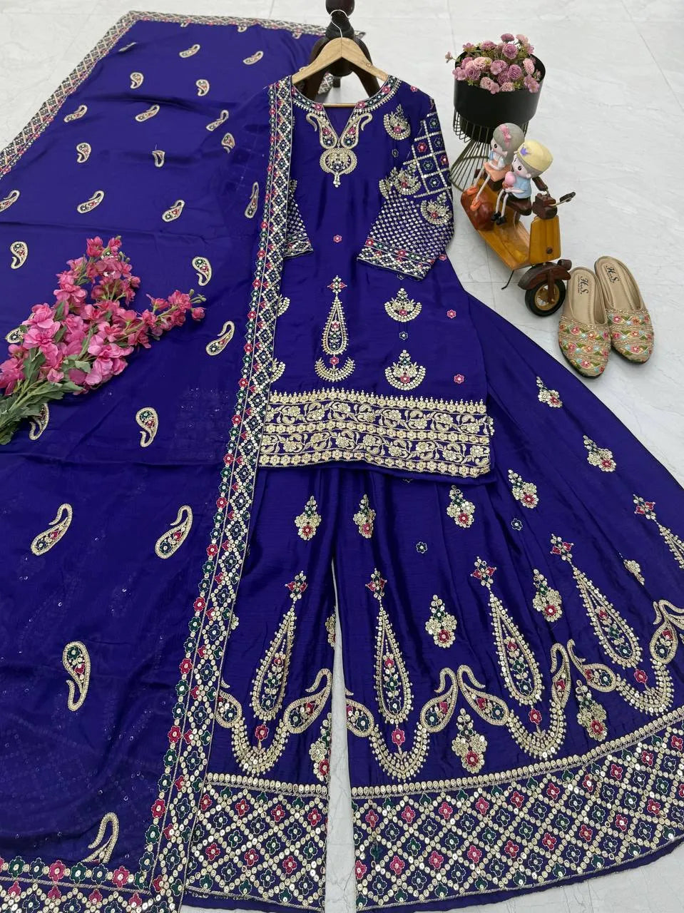 Yellow Chinon Silk Embroidered Sharara Suit with Dupatta – Heavy Sequence Work | Wedding & Festive Wear