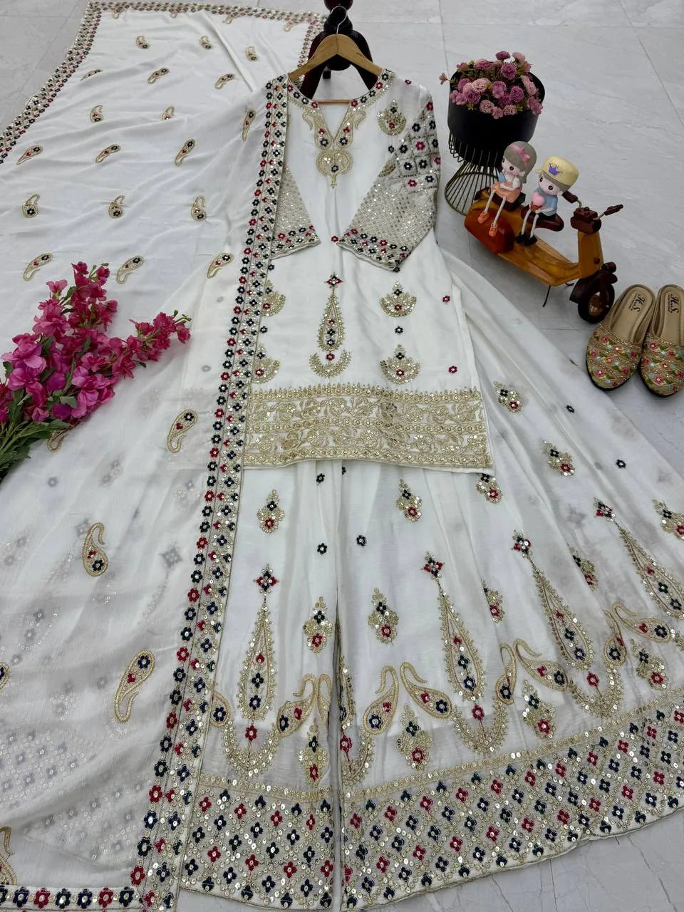 Yellow Chinon Silk Embroidered Sharara Suit with Dupatta – Heavy Sequence Work | Wedding & Festive Wear
