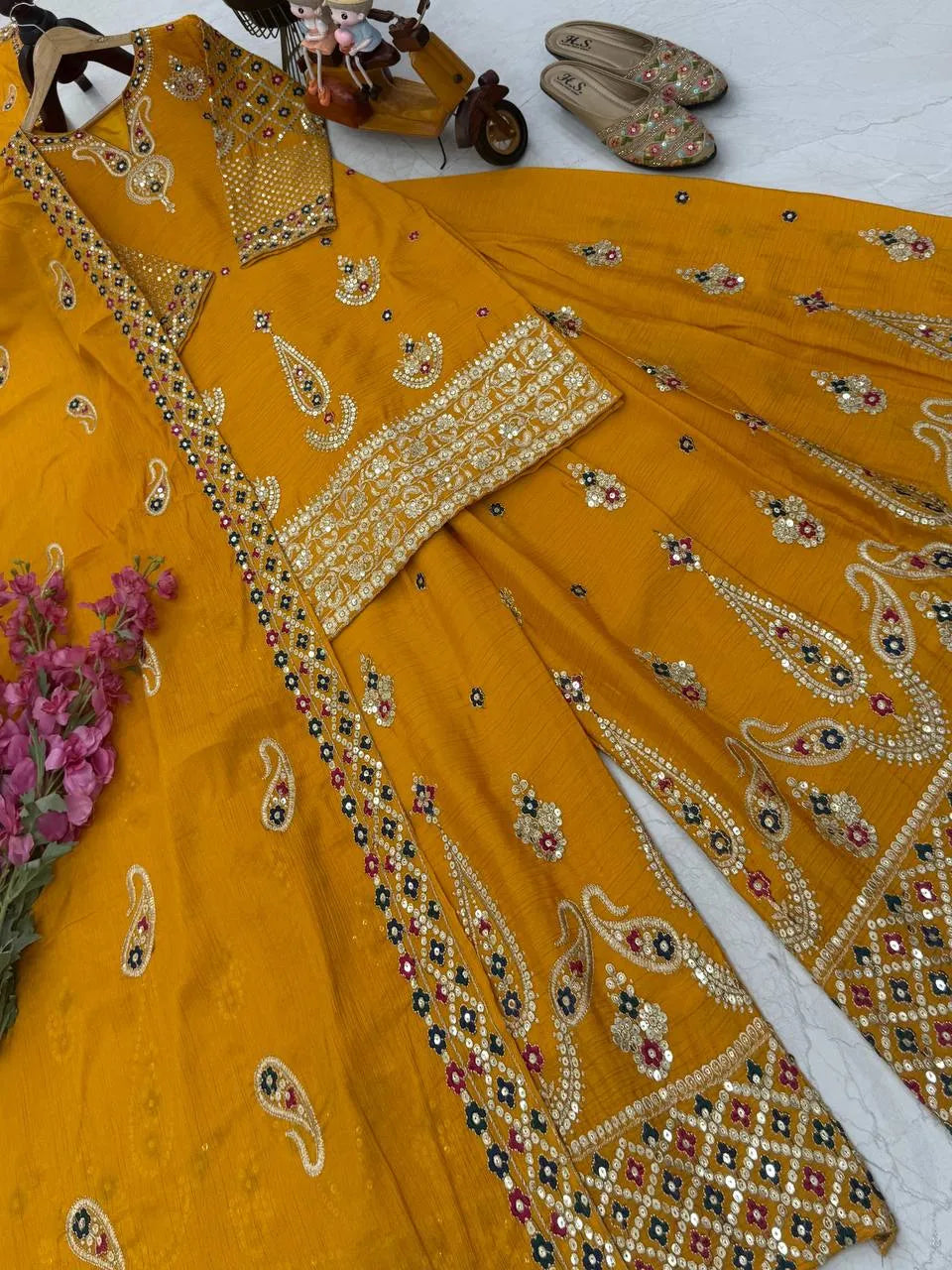 Yellow Chinon Silk Embroidered Sharara Suit with Dupatta – Heavy Sequence Work | Wedding & Festive Wear