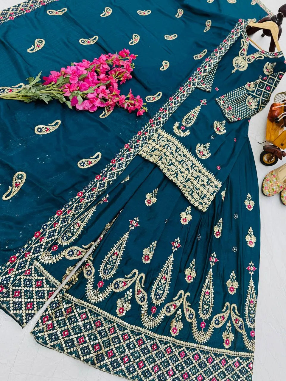 Yellow Chinon Silk Embroidered Sharara Suit with Dupatta – Heavy Sequence Work | Wedding & Festive Wear