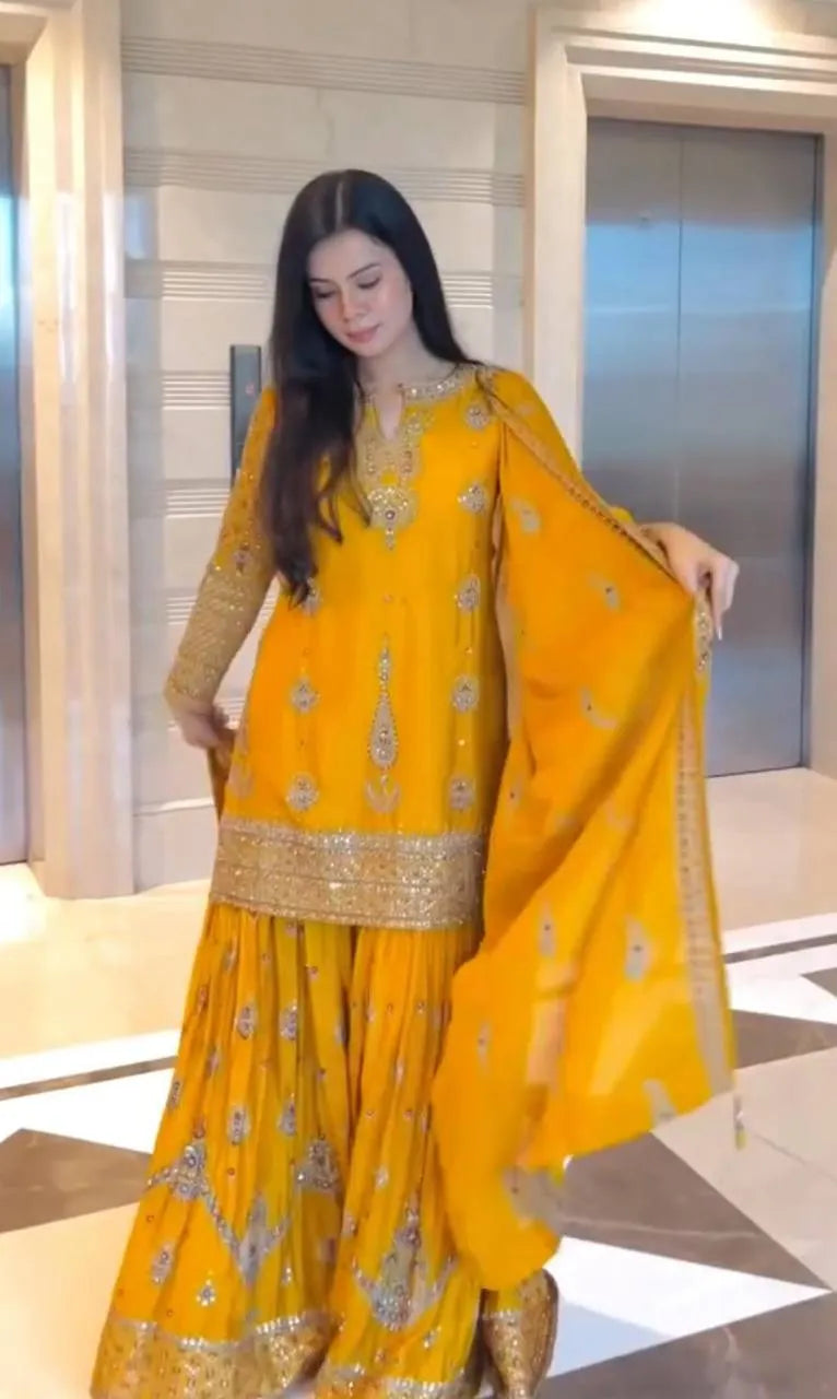 Yellow Chinon Silk Embroidered Sharara Suit with Dupatta – Heavy Sequence Work | Wedding & Festive Wear