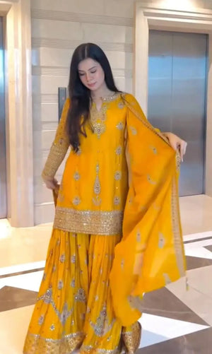 Yellow Chinon Silk Embroidered Sharara Suit with Dupatta – Heavy Sequence Work | Wedding & Festive Wear