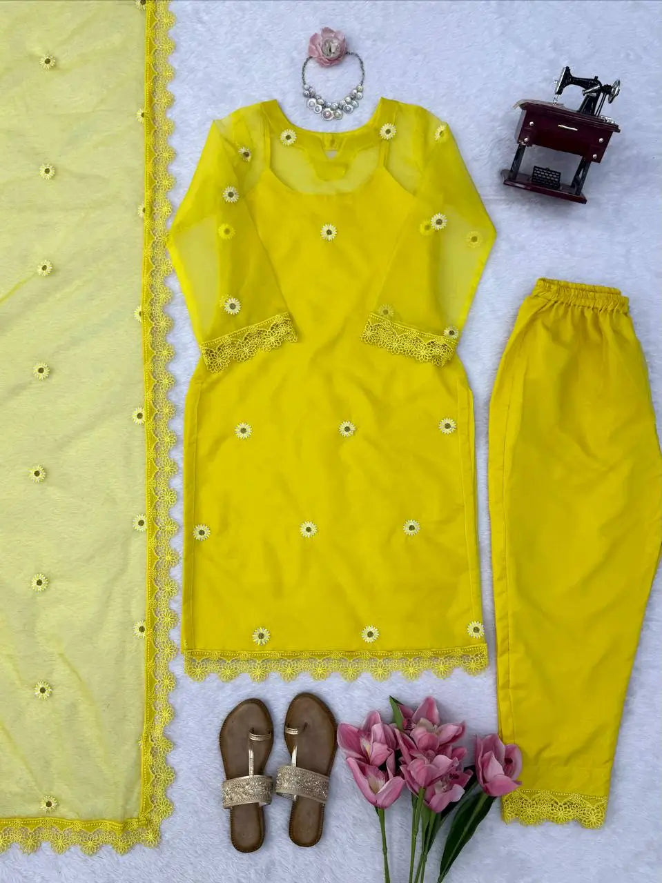 Yellow Daisy Thread-Work Suit