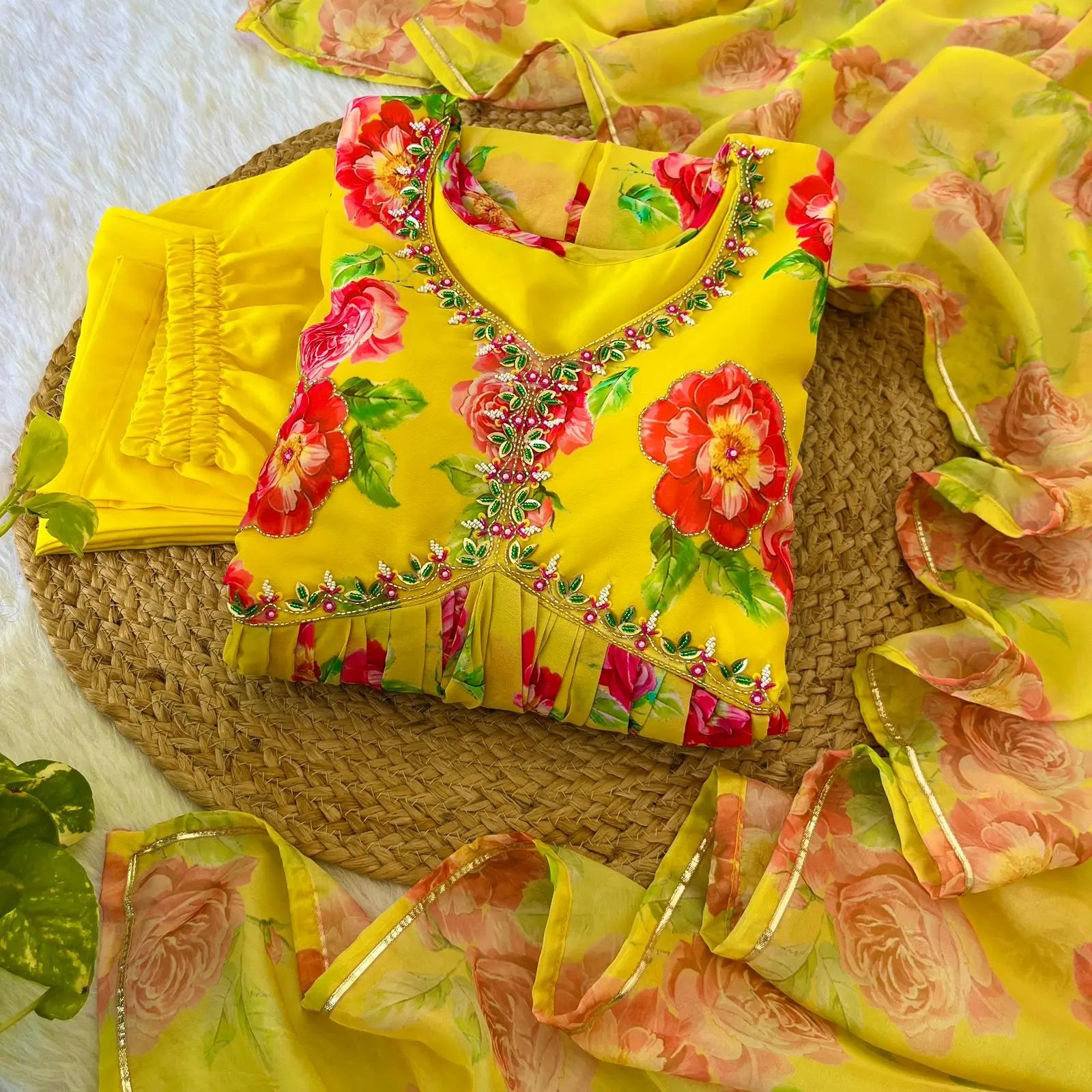 Yellow Fox Georgette Floral Print Anarkali Set with Handwork Neck & Dupatta