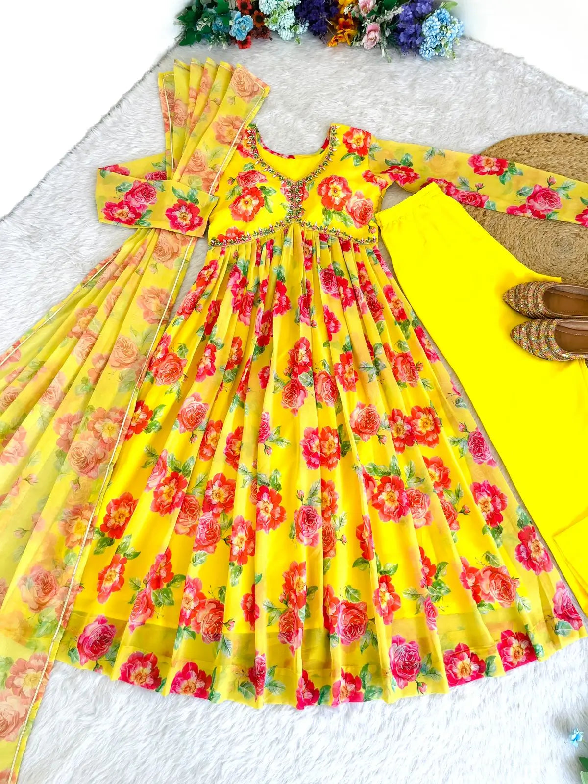 Yellow Fox Georgette Floral Print Anarkali Set with Handwork Neck & Dupatta