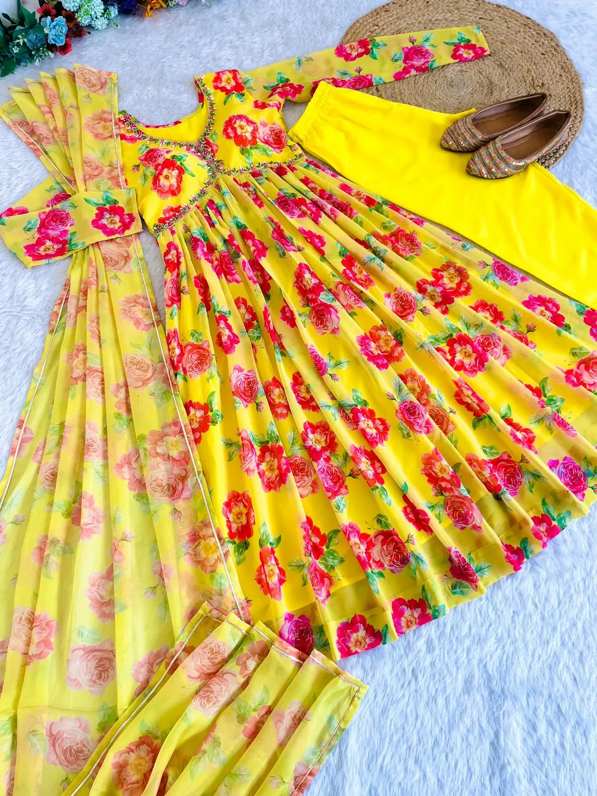 Yellow Fox Georgette Floral Print Anarkali Set with Handwork Neck & Dupatta