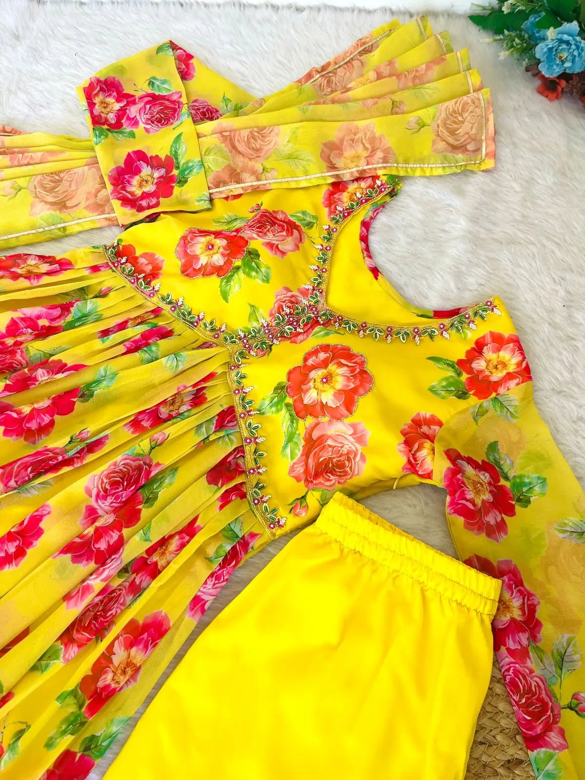 Yellow Fox Georgette Floral Print Anarkali Set with Handwork Neck & Dupatta