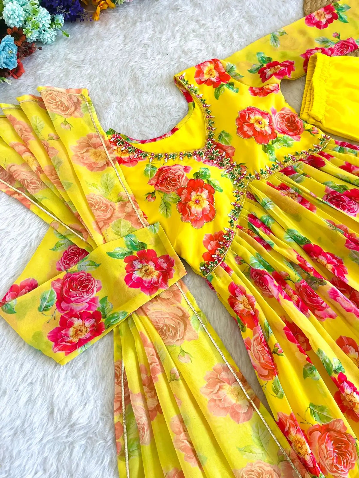 Yellow Fox Georgette Floral Print Anarkali Set with Handwork Neck & Dupatta