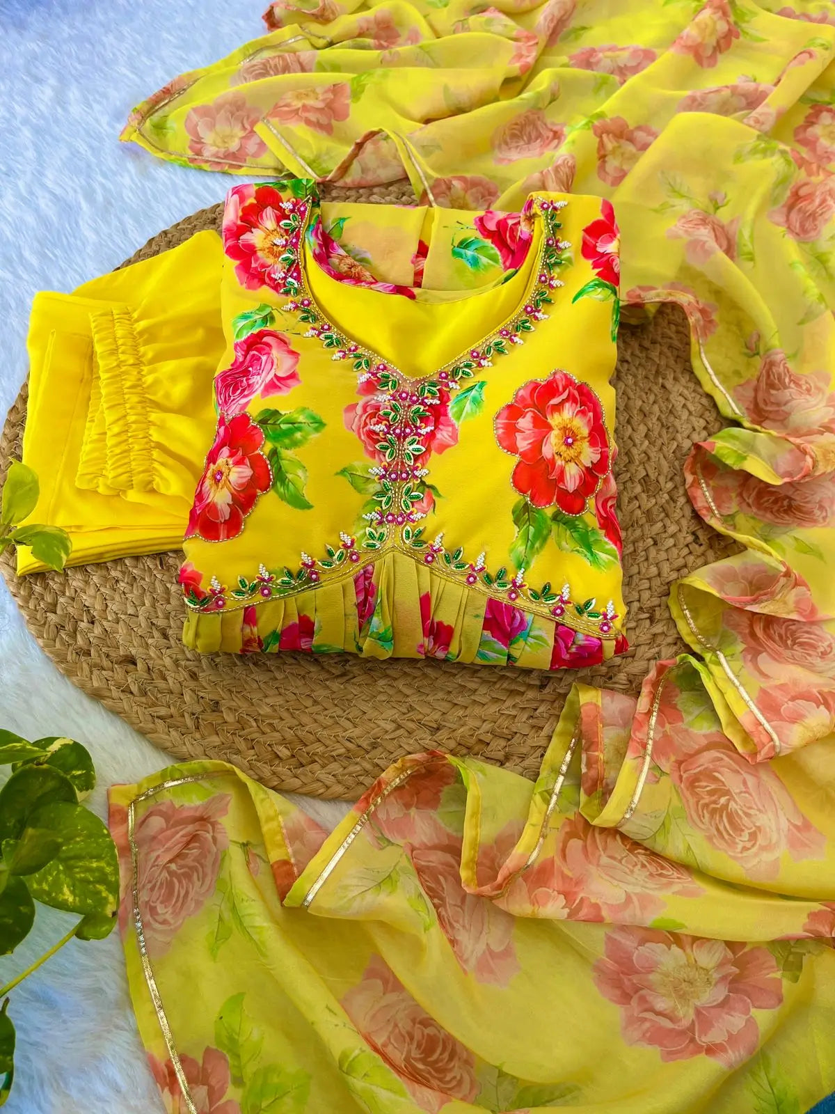 Yellow Fox Georgette Floral Print Anarkali Set with Handwork Neck & Dupatta