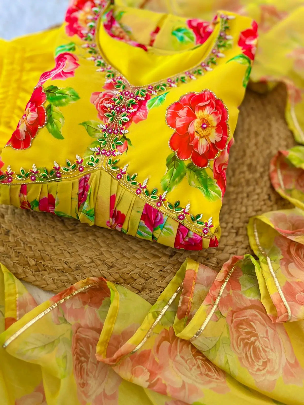 Yellow Fox Georgette Floral Print Anarkali Set with Handwork Neck & Dupatta