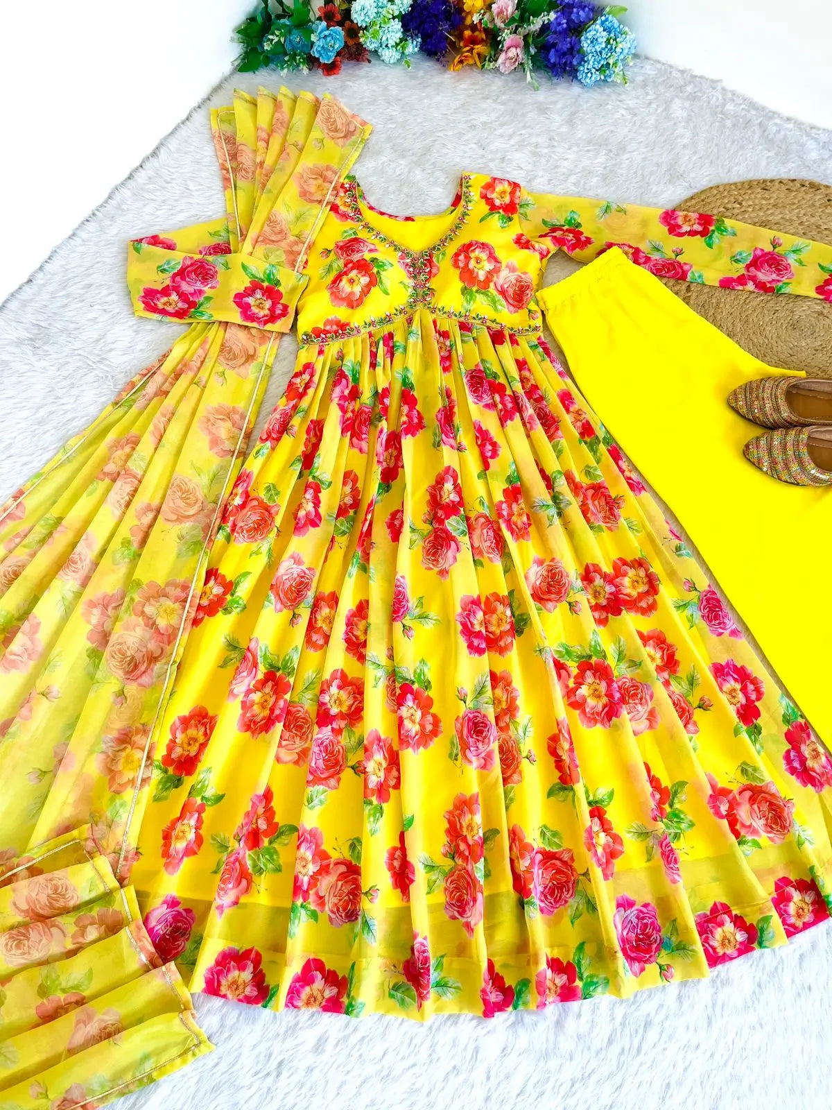 Yellow Fox Georgette Floral Print Anarkali Set with Handwork Neck & Dupatta