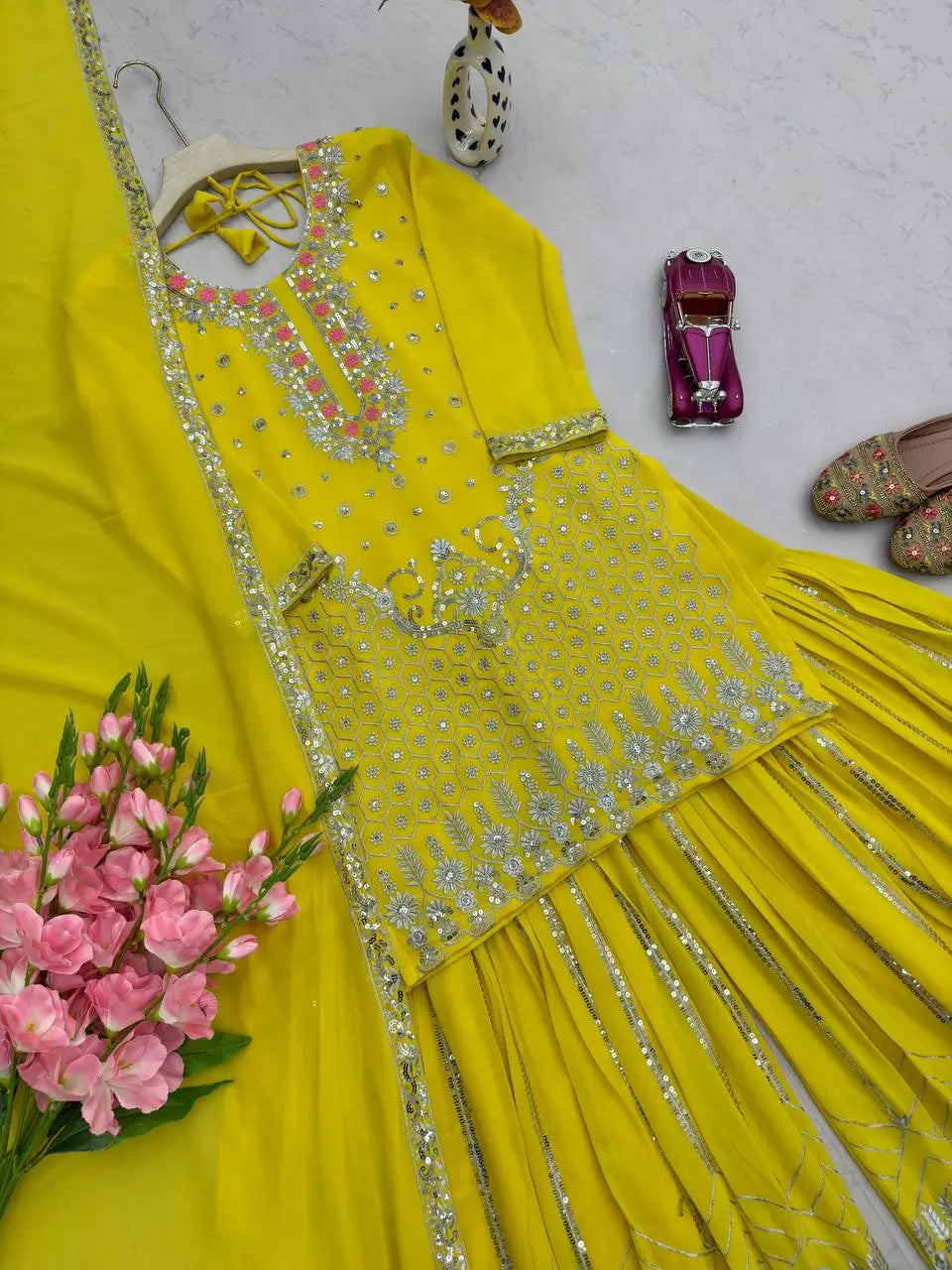 Yellow Heavy Fox Georgette Embroidered Sequins Sharara Suit Set with Dupatta | Festive Party Wear