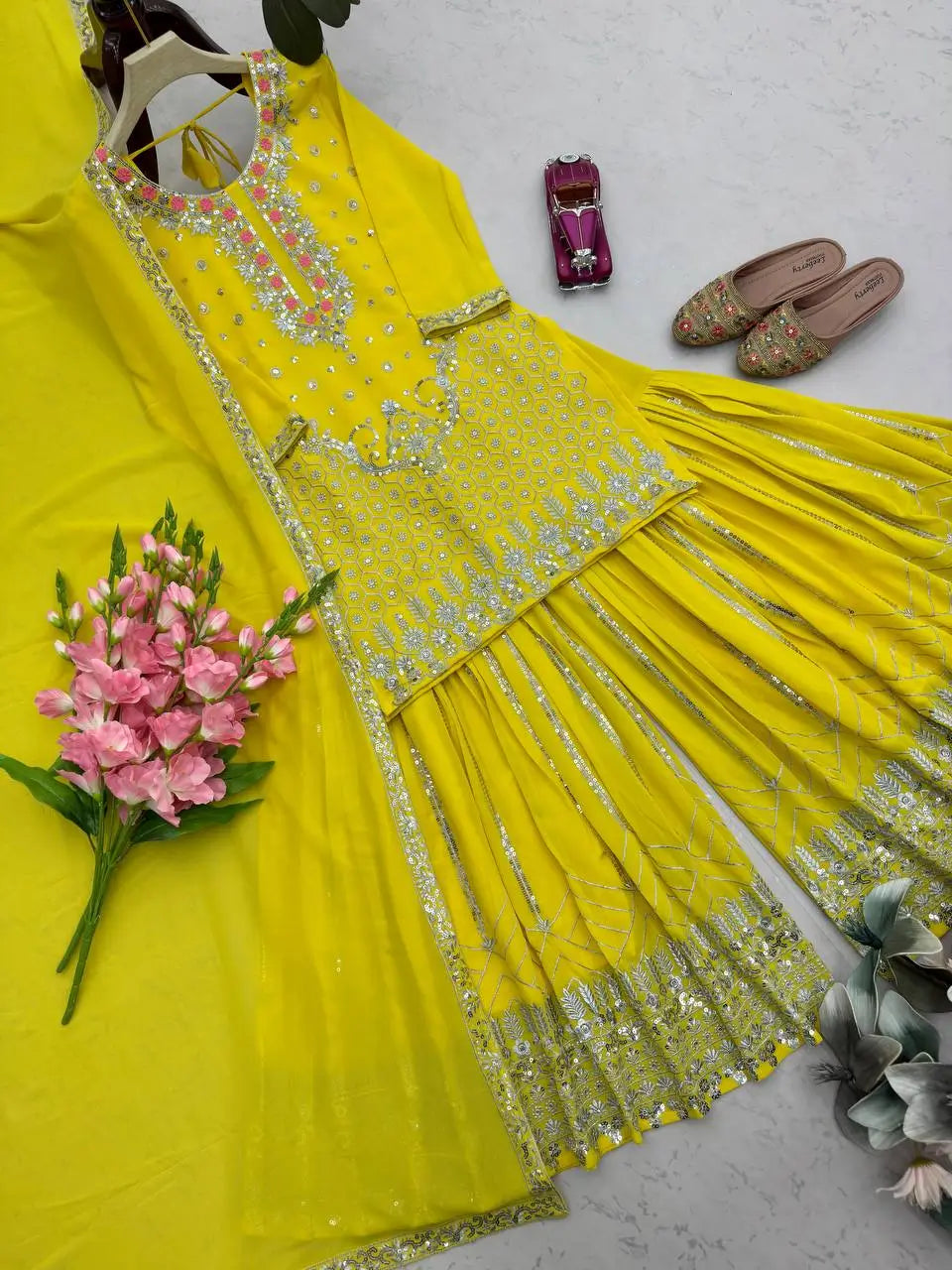 Yellow Heavy Fox Georgette Embroidered Sequins Sharara Suit Set with Dupatta | Festive Party Wear
