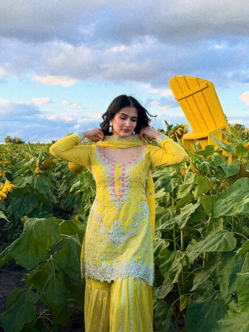 Yellow Heavy Fox Georgette Embroidered Sequins Sharara Suit Set with Dupatta | Festive Party Wear