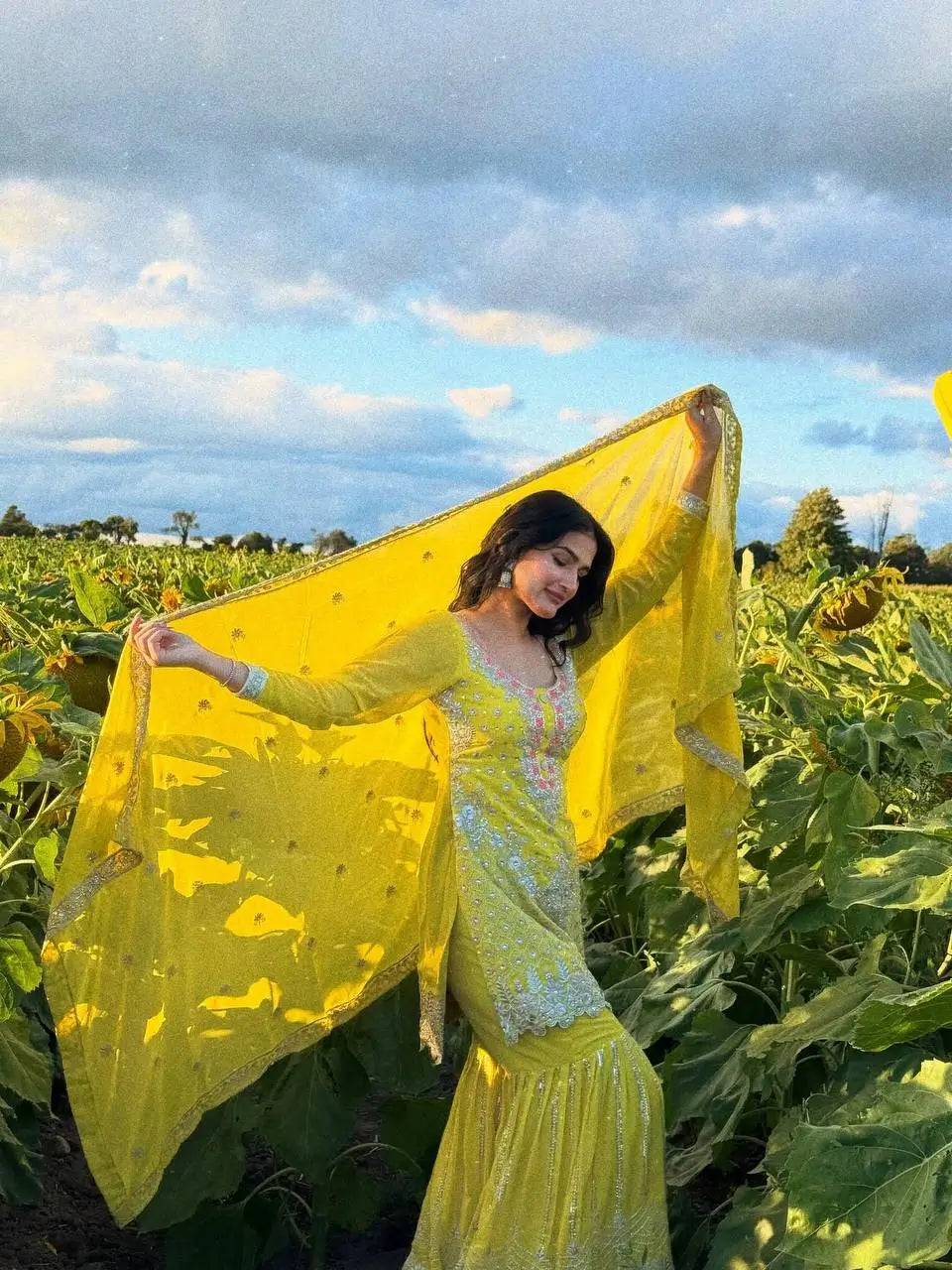 Yellow Heavy Fox Georgette Embroidered Sequins Sharara Suit Set with Dupatta | Festive Party Wear