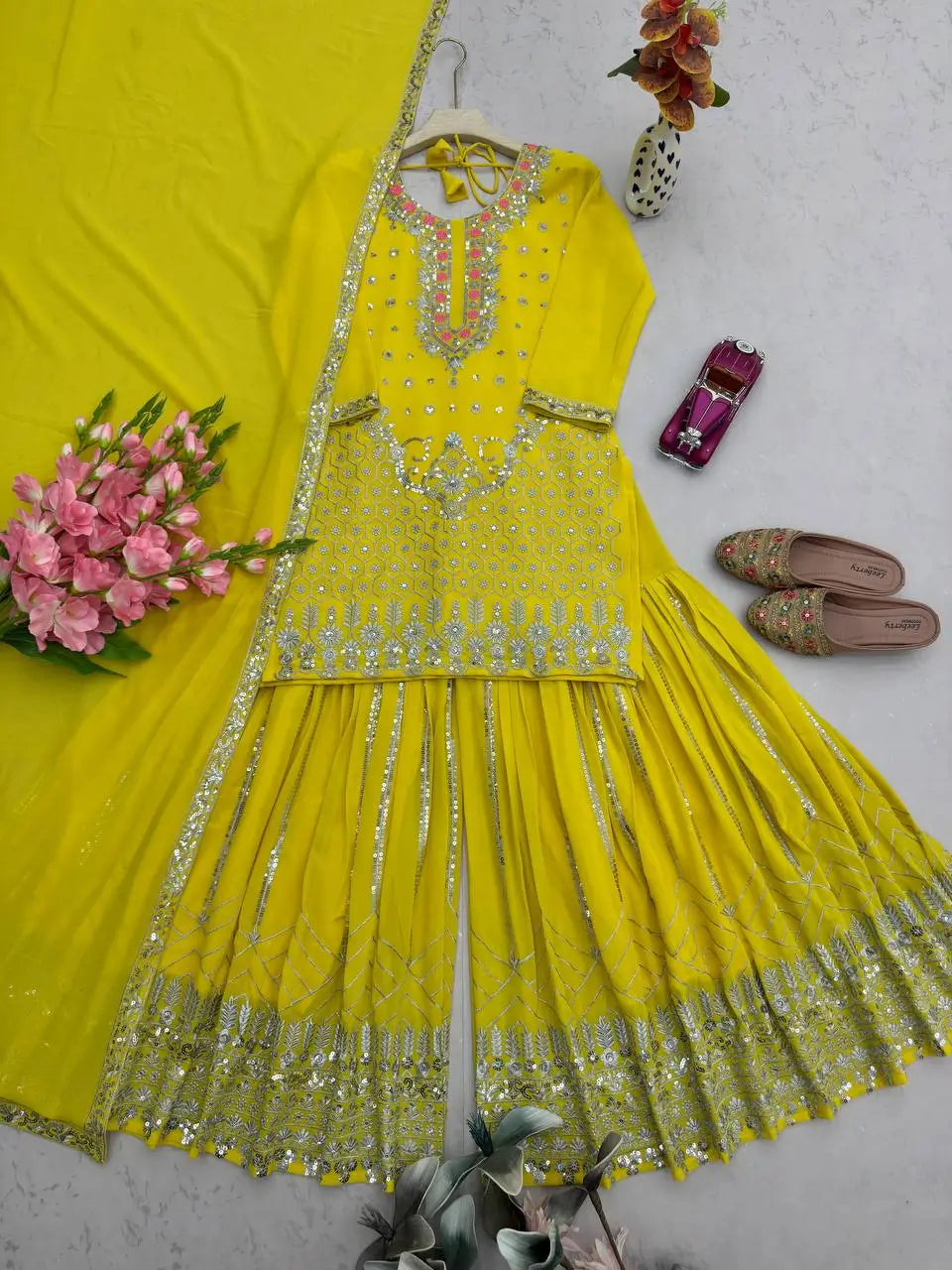 Yellow Heavy Fox Georgette Embroidered Sequins Sharara Suit Set with Dupatta | Festive Party Wear