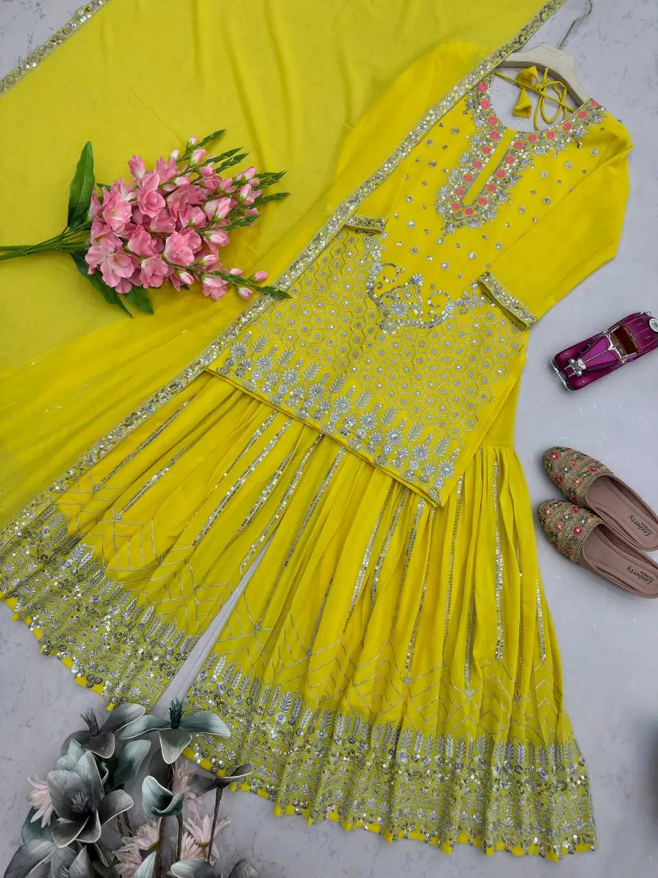 Yellow Heavy Fox Georgette Embroidered Sequins Sharara Suit Set with Dupatta | Festive Party Wear