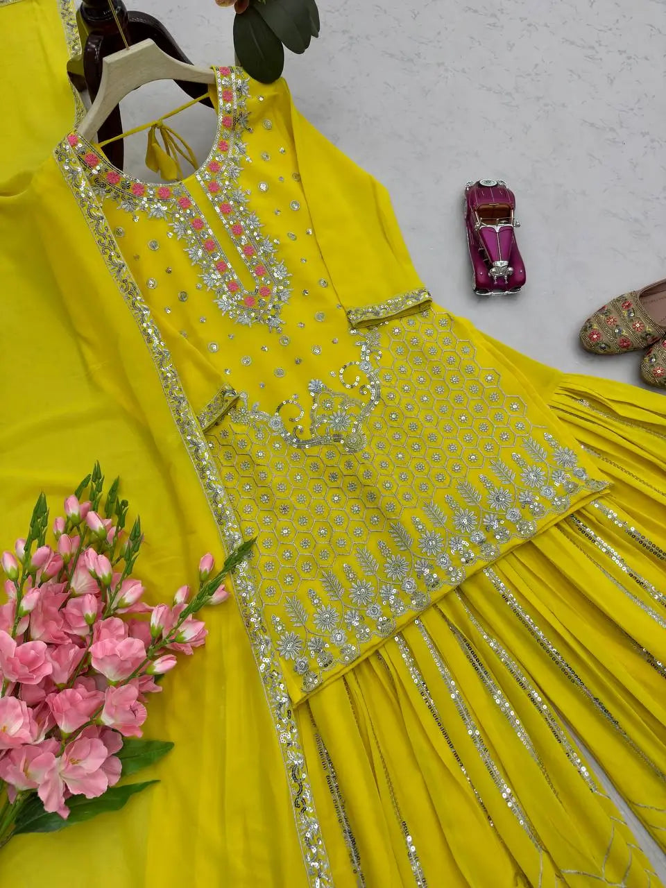 Yellow Heavy Fox Georgette Embroidered Sequins Sharara Suit Set with Dupatta | Festive Party Wear
