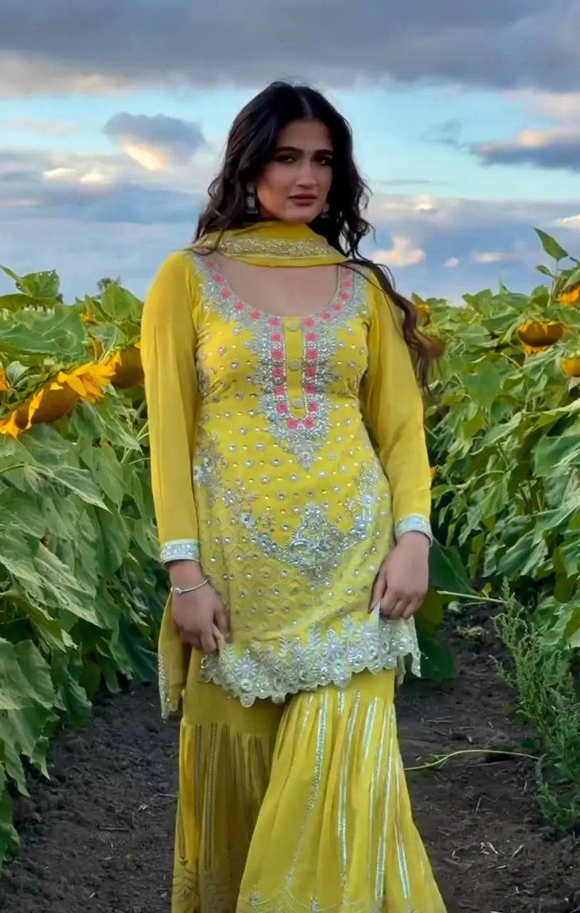 Yellow Heavy Fox Georgette Embroidered Sequins Sharara Suit Set with Dupatta | Festive Party Wear