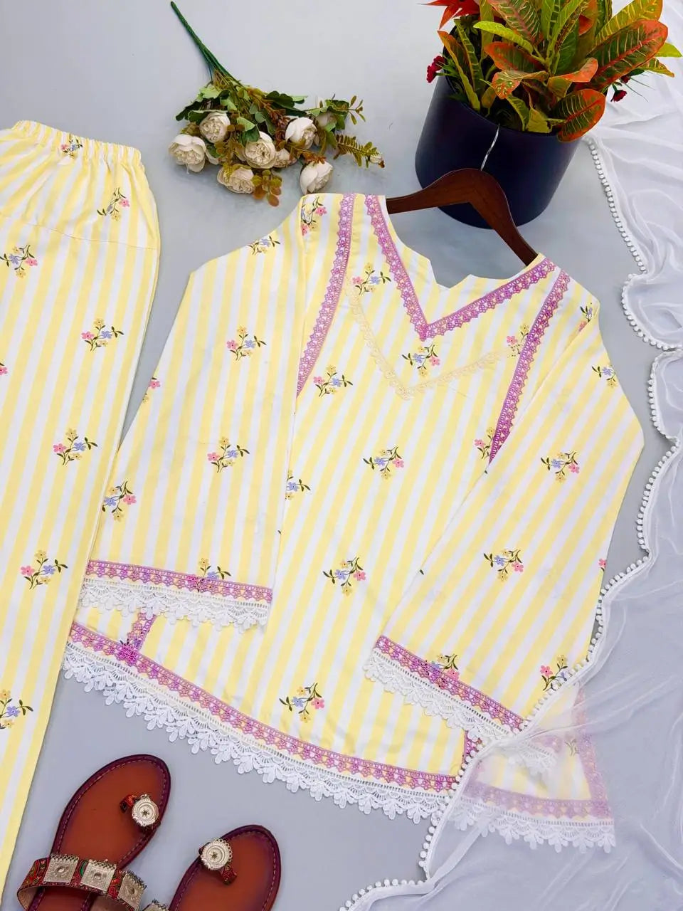 Yellow Striped Kurta Farshi Pant Set