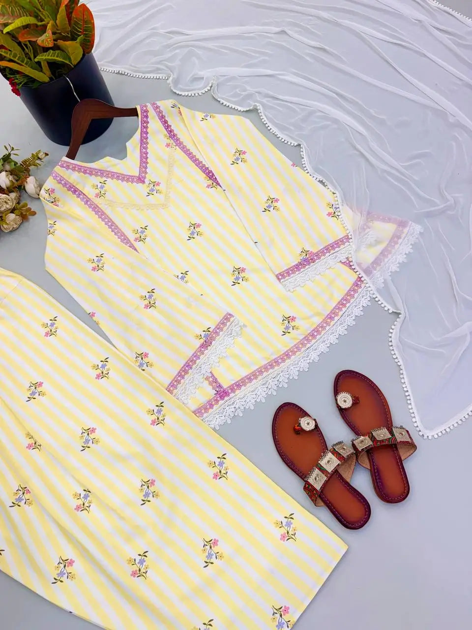 Yellow Striped Kurta Farshi Pant Set
