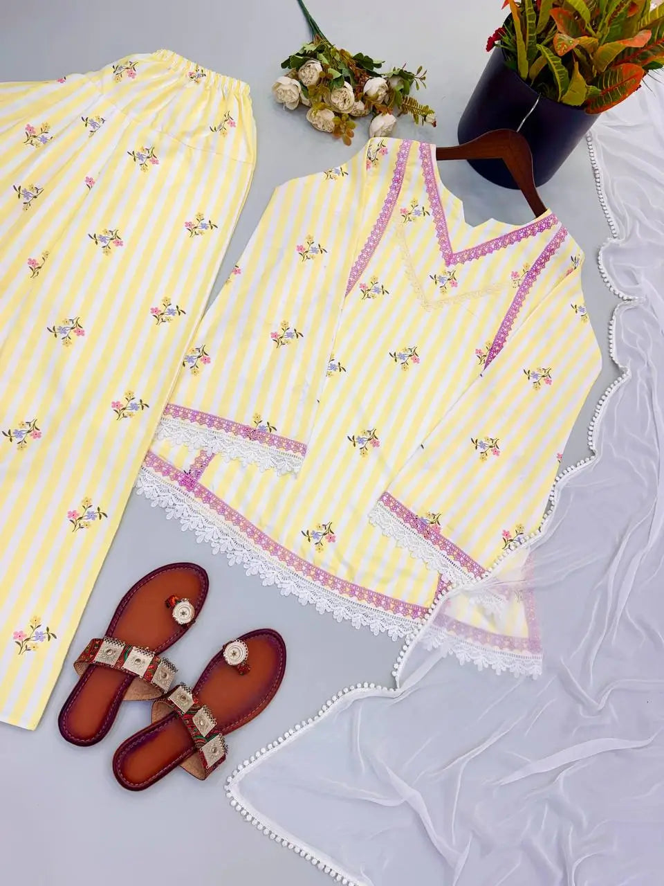 Yellow Striped Kurta Farshi Pant Set