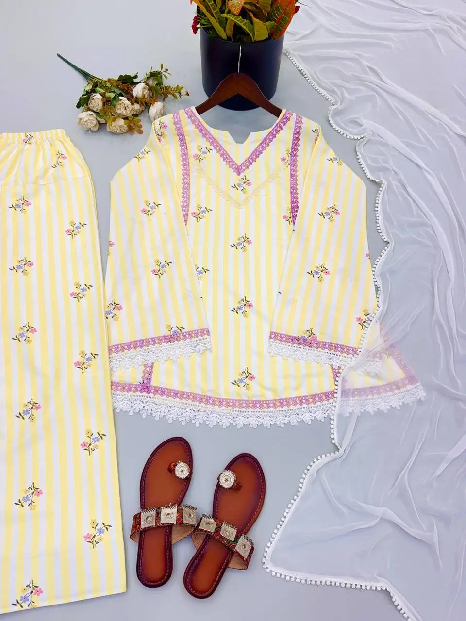 Yellow Striped Kurta Farshi Pant Set