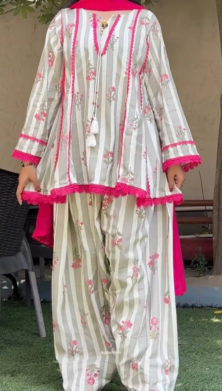 Yellow Striped Kurta Farshi Pant Set