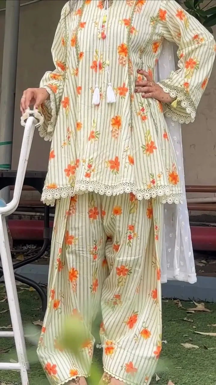Yellow Striped Kurta Farshi Pant Set