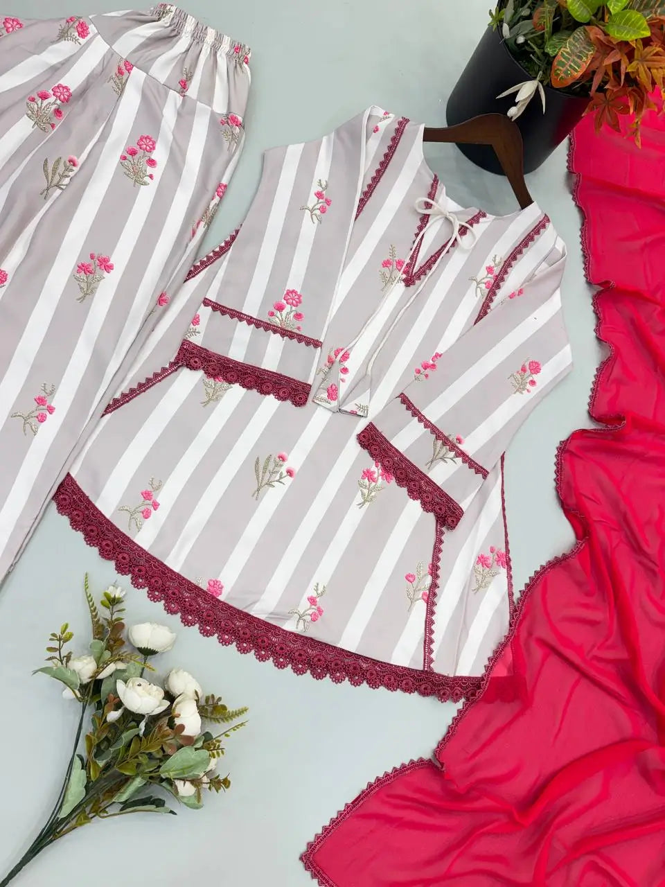 Yellow Striped Kurta Farshi Pant Set