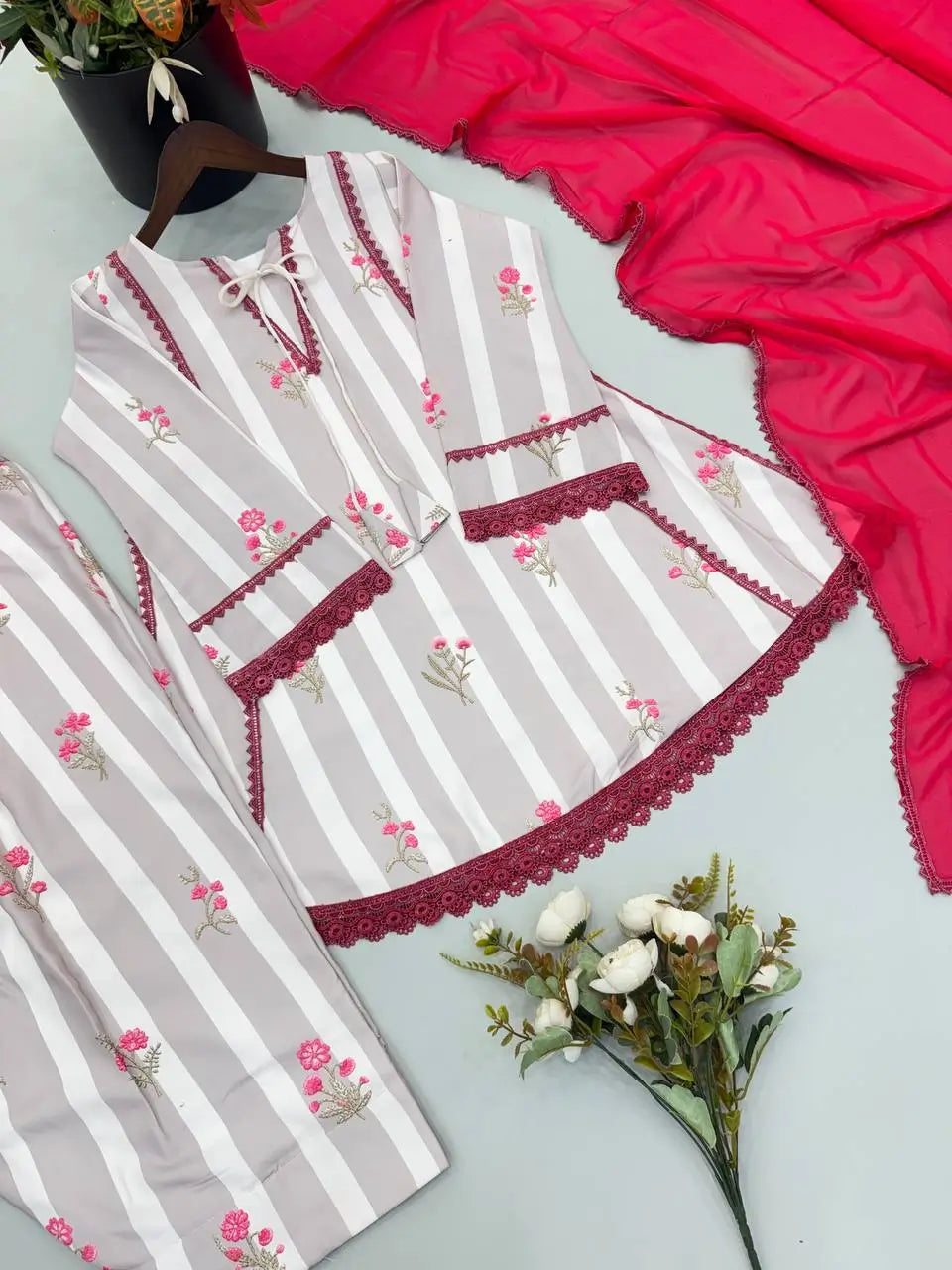 Yellow Striped Kurta Farshi Pant Set